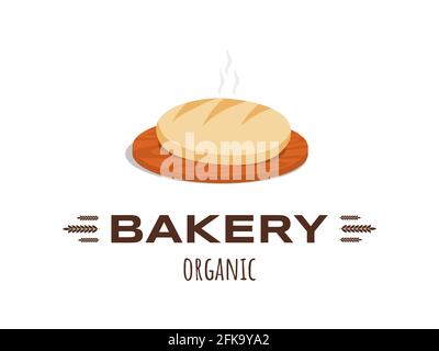 Logo bio de boulangerie avec texte. Illustration plate de pain frais et savoureux, isolée sur fond blanc. Logotype pour boulangeries, café, restaurant, boutique ou restauration rapide. Symbole pâtisserie artisanale. Illustration de Vecteur