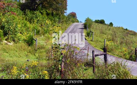 Des virages étroits et des pentes grimpent au-dessus de la colline dans l'est du Tennessee. Clôture rustique des deux côtés de la voie. Banque D'Images