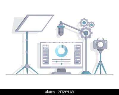 Illustration vectorielle à plat du studio d'enregistrement. Ecran lumineux, microphone, caméra vidéo pour la création de contenus audio ou vidéo, la diffusion en continu. Studio pour blogueurs, TV ou hôtes radio. Concept de médias sociaux. Illustration de Vecteur