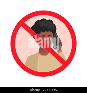 Le téléphone mobile parlant est interdit vecteur illustration plate isolée sur fond blanc. Jeune homme personnage tenant un smartphone et parlant concept dans un cercle rouge barré. Illustration de Vecteur