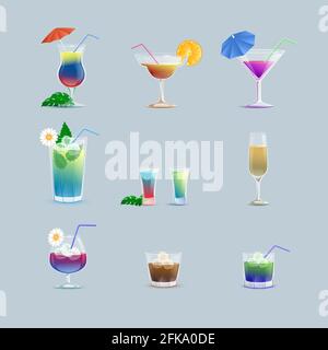 Ensemble de délicieux cocktails colorés d'été dans le bar ou le restaurant verrerie vecteur illustration de dessin animé. Boissons rafraîchissantes avec glaçons, décorées de pailles de fleurs, de parasols et de fruits. Illustration de Vecteur