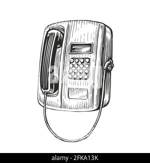 Croquis rétro du téléphone public. Téléphone public avec gravure vintage. Illustration vectorielle Illustration de Vecteur