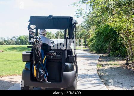 Golfeur conduisant une voiture de golf Banque D'Images