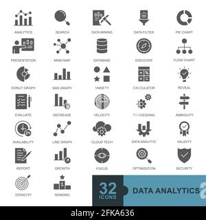 Analyse de données, statistiques, analyse ligne mince minimale, glyphe, couleur pleine, ensemble d'icônes de Web Uni. Illustration vectorielle simple Illustration de Vecteur