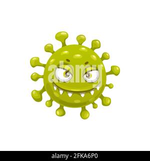 Icône vecteur cellulaire du coronavirus de la bande dessinée, virus de covid19 drôle ou bactérie ou caractère germinatif avec visage riant en dents de souris. mons de l'agent pathogène en colère souriant Illustration de Vecteur
