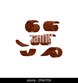 Copeaux de chocolat ou morceaux de nourriture douce isolé 3D réaliste icône. Production de chocolat Vector cacao, dessert sucré, boucles pour la décoration de gâteau, marron Illustration de Vecteur