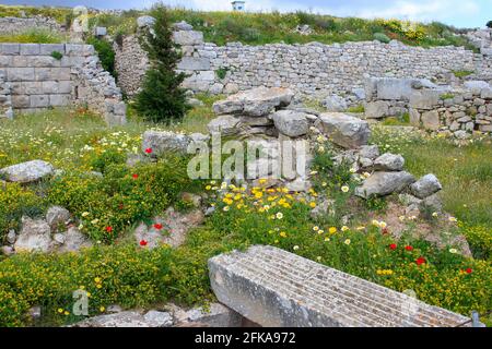 Ruines en pierre de l'ancienne Thera sur la montagne de Messavouno avec ciel bleu, Santorini, Grèce Banque D'Images