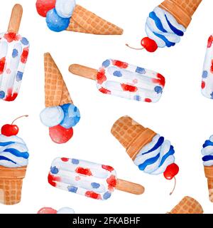 Motif aquarelle dessiné à la main pour la fête patriotique du 4 juillet de l'indépendance. Créez avec des bonbons desserts bonbons papisicles glace crème cupcake beignets. Rouge bleu blanc étoiles drapeau américain Banque D'Images