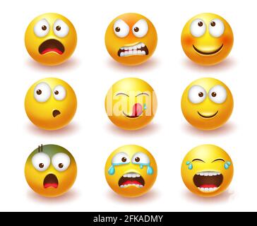 Ensemble de vecteurs émotiji smiley. Smileys 3d icône jaune dans les expressions du visage en colère, rire et pleurer isolées sur fond blanc pour le personnage émoticône. Illustration de Vecteur