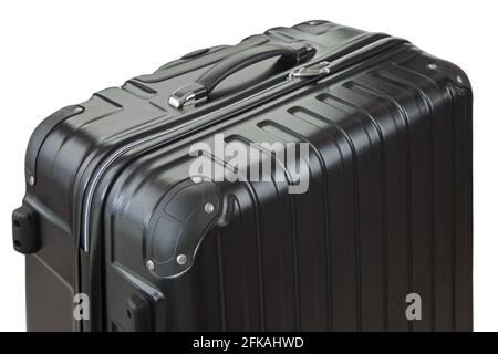 Vue latérale d'une grande valise rigide et légère avec pare-chocs, bagages neufs et propres de couleur noire en polycarbonate isolé Banque D'Images