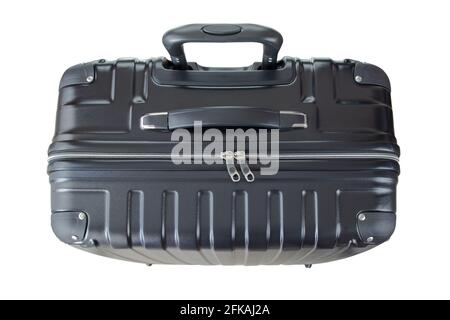 Vue de dessus d'une grande valise rigide et légère, de nouveaux bagages propres de couleur noire en polycarbonate isolé sur fond blanc Banque D'Images