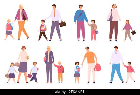 Les parents emparent les enfants à l'école. Une foule d'étudiants heureux marchent avec la famille. La mère, le père et les enfants avec des sacs vont de nouveau à l'ensemble de vecteur d'école Illustration de Vecteur