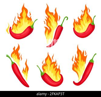 Chili au feu. Caricature de poivrons rouges chauds avec des flammes. Icône de la nourriture épicée, emblème de la sauce mexicaine ou du restaurant. Ensemble de vecteurs d'étiquette de piment Illustration de Vecteur