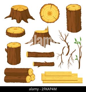 Grumes de bois. Bois de chauffage, souches d'arbres avec anneaux, troncs, branches et brindilles. Matériaux forestiers de l'industrie du bois d'œuvre. Planches en bois, ensemble vectoriel en bois Illustration de Vecteur