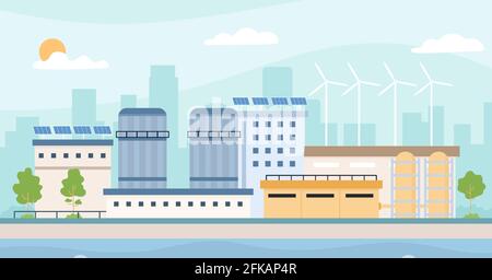 Usine écologique. Paysage avec plantes, panneaux solaires, moulins à vent et arbres. Industrie de l'énergie propre et écologie de l'environnement concept de vecteur Illustration de Vecteur