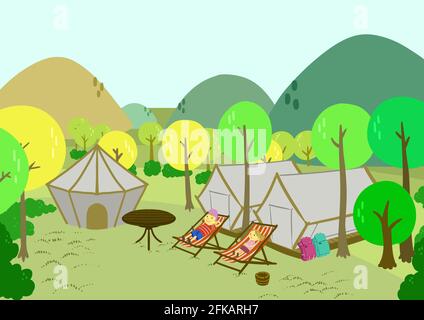 Une heureuse excursion de camping en forêt avec la famille. Banque D'Images