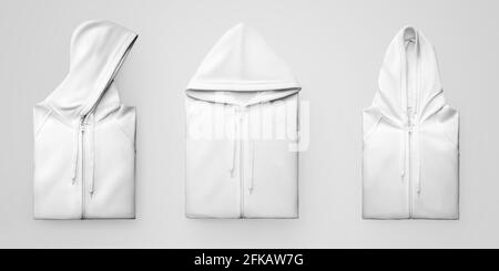 Pull à capuche Mockup blanc plié avec fermeture à glissière, cordons de serrage, isolé sur le fond. Modèle de mode pour femmes et hommes, pour la présentation de conception. Définir Banque D'Images