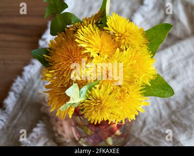 Fleurs de pissenlit fraîches dans un vase au printemps Banque D'Images