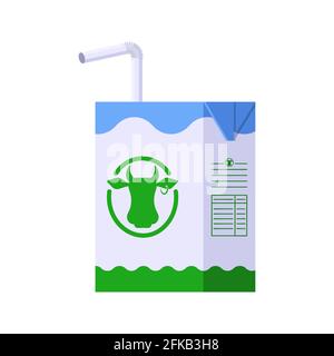 Illustration vectorielle de l'emballage des boissons pour produits laitiers colorés. Modèle plat de lait petit carton avec tube en blanc, bleu et vert pour logo, menu, toile, autocollants, imprimés Illustration de Vecteur