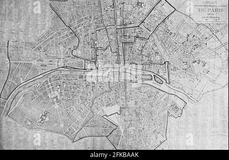 Carte de Paris en 1801 'Plan routier de la ville et faubourg, divisé en 12 mairies' (carte routière de la ville et de la banlieue, divisée en 12 districts). Gravure du dépôt des cartes et plans de la Bibliothèque nationale. Dans : Louis Barron, Paris Pittoresque 1800-1900. La vie - les Moeurs - les plaisir, Paris, Société française d'Editions d'Art L.-Henry Mai 1899. Banque D'Images