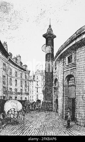 Colonne astronomique de l'Hôtel de Soisson à côté de la salle du blé (Halle au blé), XVIe siècle. Appelée colonne Medici. A été construit par Jean Bullant sur ordre de la reine Catherine de Médicis. L'hôtel de Soisson a été démoli ca. 1750. La colonne est toujours là, maintenant à côté de la Bourse du Commerce. D'une gravure de Martial (1849). Dans : Louis Barron, Paris Pittoresque 1800-1900. La vie - les Moeurs - les plaisir, Paris, Société française d'Editions d'Art L.-Henry Mai 1899. Banque D'Images