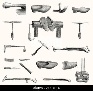 Outils pour la fabrication de sabots, 19e siècle Banque D'Images