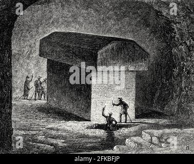 Auguste Mariette découvrant les catacombes avec leurs sarcophages des APIs bulls, Egypte, 1850 Banque D'Images