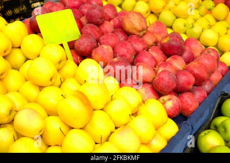 Un bouquet de pommes rouges et jaunes biologiques mûres fraîchement cueillies avec étiquette de prix vierge dans des contenants en plastique au comptoir local des producteurs agricoles. Propre Banque D'Images