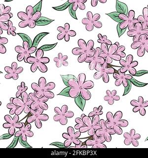 Pommier ou cerisier en fleurs. Motif, branches d'arbre en fleurs. Fleurs roses sur fond blanc. Vecteur. Dessin à la main. Illustration de Vecteur