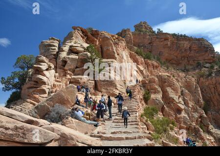 Village du Grand Canyon, États-Unis - 25 MARS 2018 : touristes dans le parc national du Grand Canyon sur le sentier de Kaibab Sud allant au fond du Grand Canyon. Ressort Banque D'Images