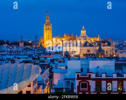 Vue depuis le parasol Metropol vers l'église du Divin Sauveur et la cathédrale au crépuscule, Séville, Andalousie, Espagne, Europe Banque D'Images