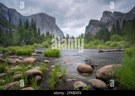 La Merced River at Valley View au printemps, parc national de Yosemite, site classé au patrimoine mondial de l'UNESCO, Californie, États-Unis d'Amérique, Amérique du Nord Banque D'Images