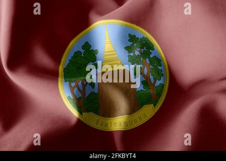 Drapeau d'illustration 3D de Khon Kaen est une province de Thaïlande. Agitant sur le drapeau du vent avec inscription avec le nom de la région en thaï Banque D'Images