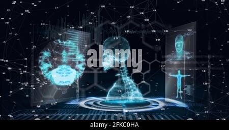 Composition du squelette humain, des composés chimiques et du traitement des données scientifiques sur fond noir Banque D'Images