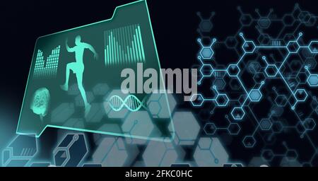 Composition de silhouettes humaines, peuplement d'adn, composés chimiques et traitement de données scientifiques Banque D'Images