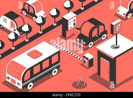 Entrée de parking, décor isométrique, avec porte à péage pour paysages extérieurs et des images de voitures dans l'illustration vectorielle de file d'attente Illustration de Vecteur