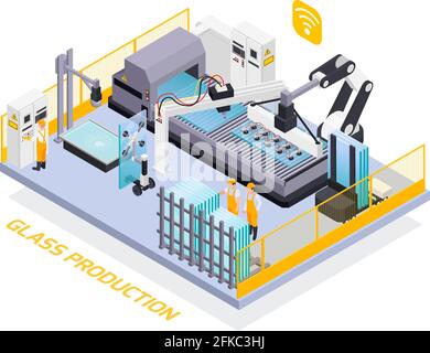 Production de verre composition isométrique de texte et de plate-forme avec images illustration vectorielle de machine de production intelligente à distance Illustration de Vecteur