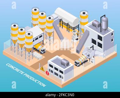 Production de ciment de béton composition isométrique du texte et au-dessus de la vue de site industriel avec illustration vectorielle de bâtiments d'usine Illustration de Vecteur