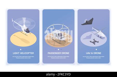 Trois petites bannières verticales pour le transport aérien avec hélicoptère 3d et illustration vectorielle isolée des drones isométriques Illustration de Vecteur