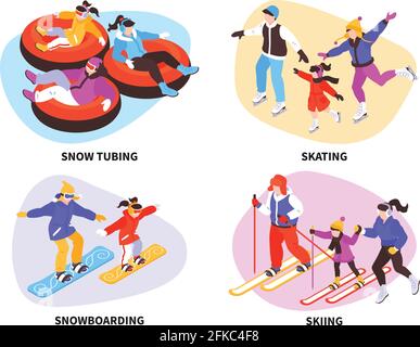 Compositions isométriques de vacances d'hiver avec texte et caractères humains dans des vêtements chauds sur ski et snowboards illustration vectorielle Illustration de Vecteur