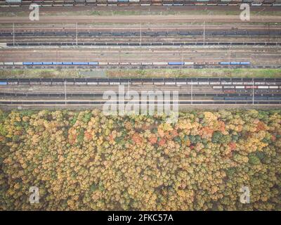 Forêt d'automne et dépôt de chemin de fer vue aérienne de haut en bas Banque D'Images