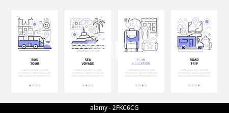 Voyages et tourisme - bannières web de style design de ligne moderne avec espace pour le texte. Visite en bus, voyage en mer, planifier des vacances, route des postes de carrousel Illustration de Vecteur