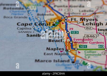 Fort Myers Beach Florida USA illustré sur une carte géographique ou carte routière Banque D'Images