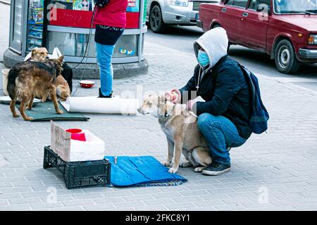 Dnepropetrovsk, Ukraine - 09.04.2021: Les volontaires collectent de l'argent pour l'alimentation animale. Banque D'Images