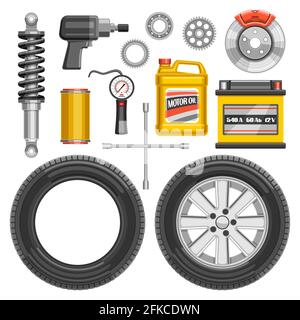 Ensemble vectoriel de pièces automobiles, collection de lots d'illustrations découpées de pièces automobiles et d'outils sur fond blanc. Illustration de Vecteur