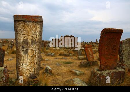 Pierres croisées dans le cimetière Noratus, Arménie Banque D'Images