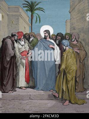 Christ et l'argent hommage. (Matthieu 22:21). Gravure. Illustration de la Bible par Gustave Dore. 19e siècle. Banque D'Images