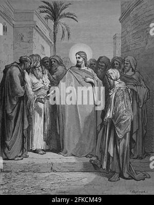 Christ et l'argent hommage. (Matthieu 22:21). Gravure. Illustration de la Bible par Gustave Dore. 19e siècle. Banque D'Images