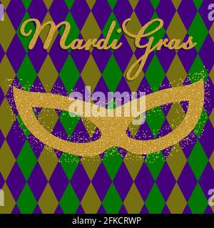 Fond gras de Mardi avec masque gras doré. Carte de vœux avec perles brillantes sur fond de couleurs traditionnelles modèle pour votre conception Illustration de Vecteur