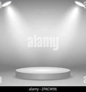 Podium rond, piédestal ou plate-forme éclairé par des spots sur fond blanc. Scène avec lumières scéniques modèle pour votre conception Illustration de Vecteur